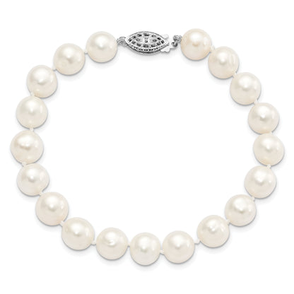 7.25 Inch Sterling Silver Rhodium 9-10mm White Fw Cultured Pearl Bracelet