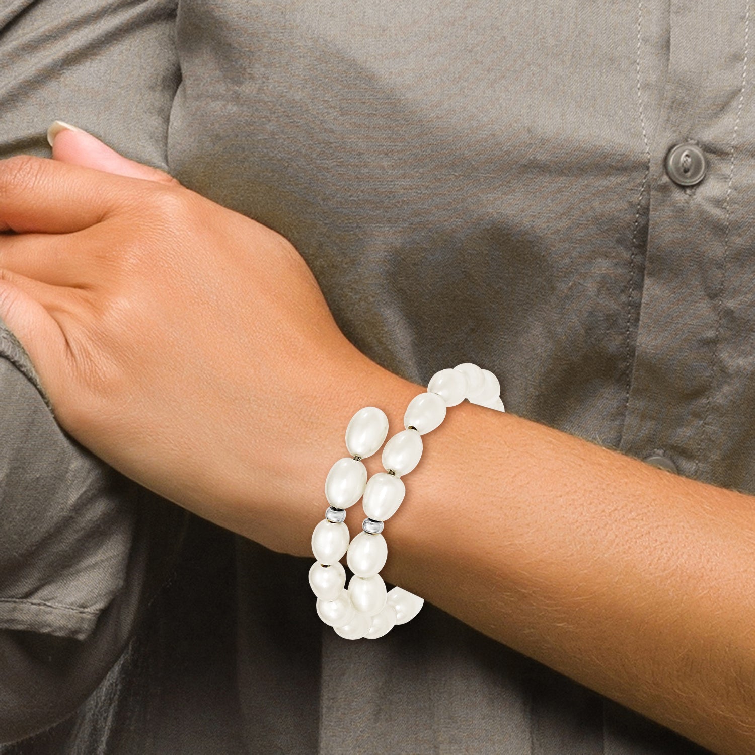 7.5 Inch Sterling Silver Rh 7-8mm White Rice Fw Cultured Pearl Flexible Bracelet