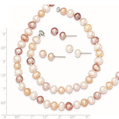 Sterling Silver Rh White/Pink/Purple Fwc Pearl Neck/Bracelet/Ear Set
