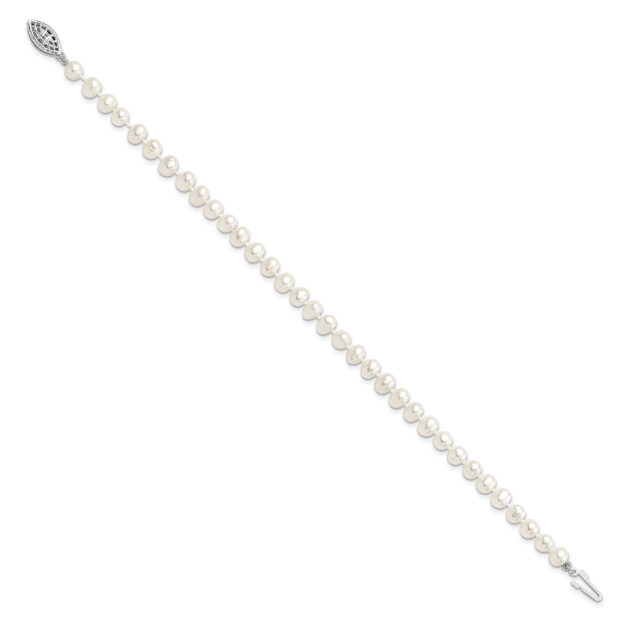 7.25 Inch Sterling Silver Rhodium 5-6mm White Freshwater Cultured Pearl Bracelet