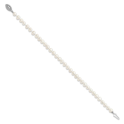 7.25 Inch Sterling Silver Rhodium 5-6mm White Freshwater Cultured Pearl Bracelet