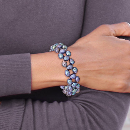 Fashion 6-7mm Black Rice Freshwater Cultured Pearl Stretch Bracelet