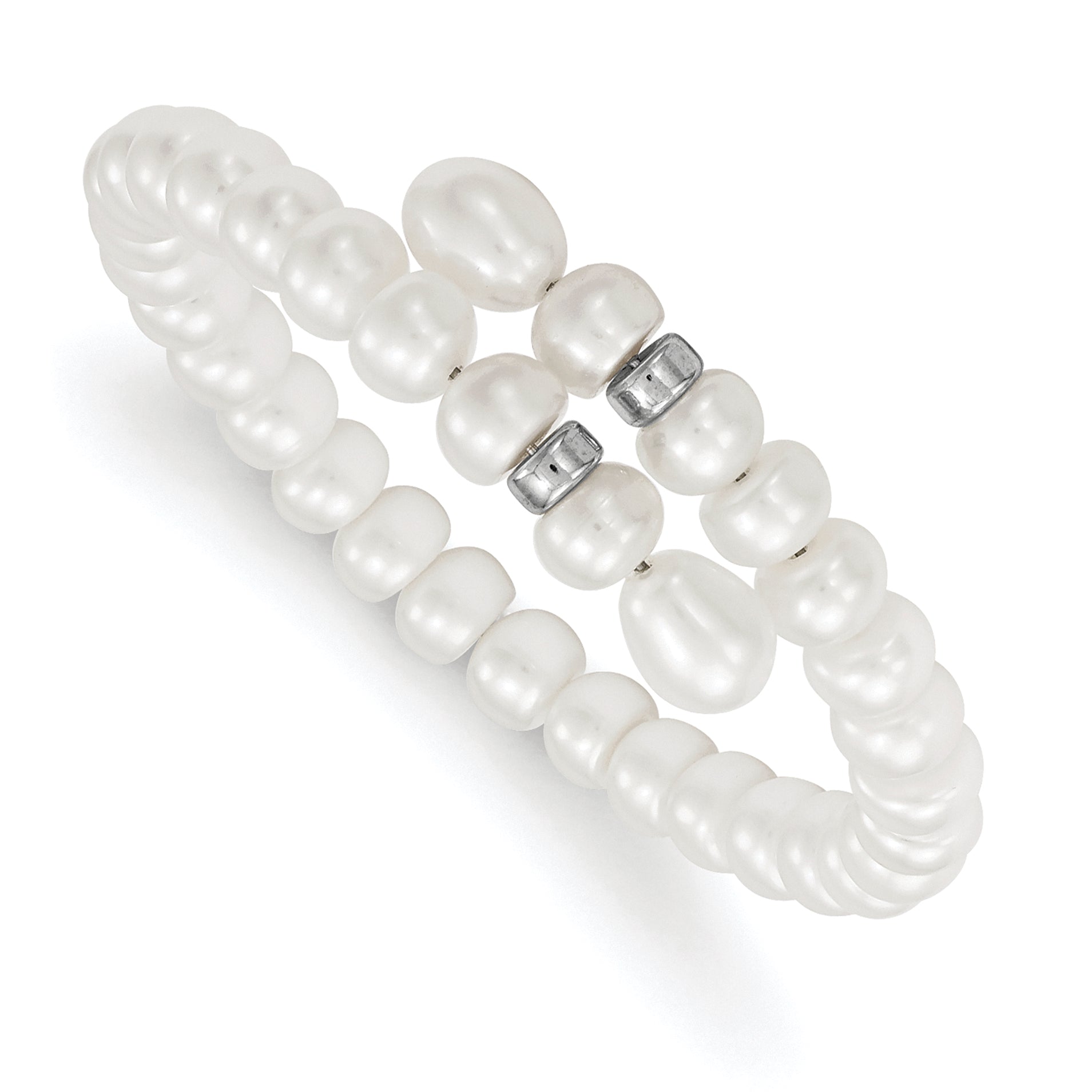 7.5 Inch Sterling Silver Rhodium-Plated Beads With 6-8mm Button And Rice Freshwater Cultured Pearls Flexible Wrap Bracelet