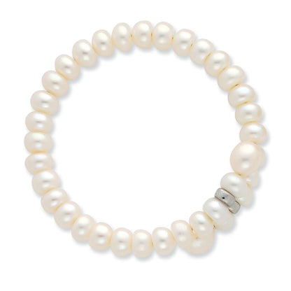 7.5 Inch Sterling Silver Rhodium-Plated Beads With 6-8mm Button And Rice Freshwater Cultured Pearls Flexible Wrap Bracelet