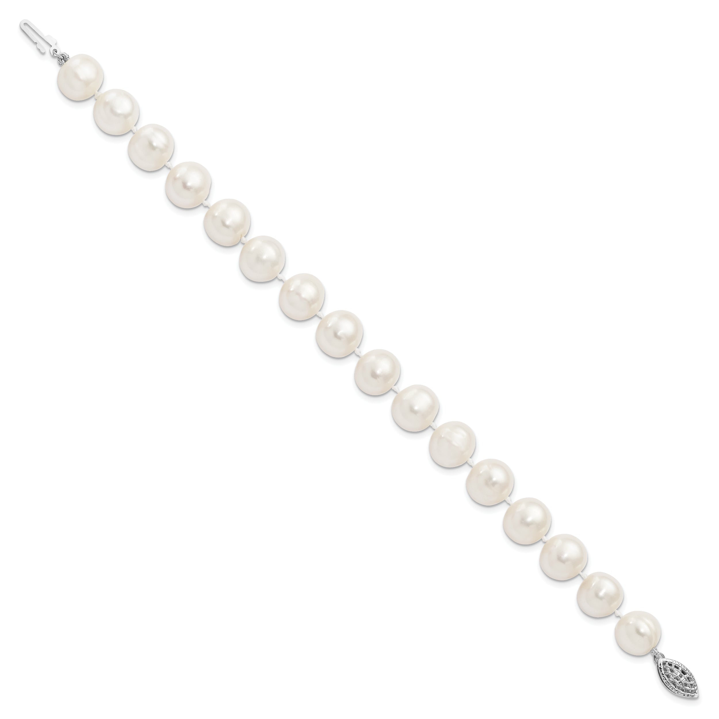 7.25 Inch Sterling Silver Rhodium-Plated 10-11mm White Fw Cultured Pearl Bracelet