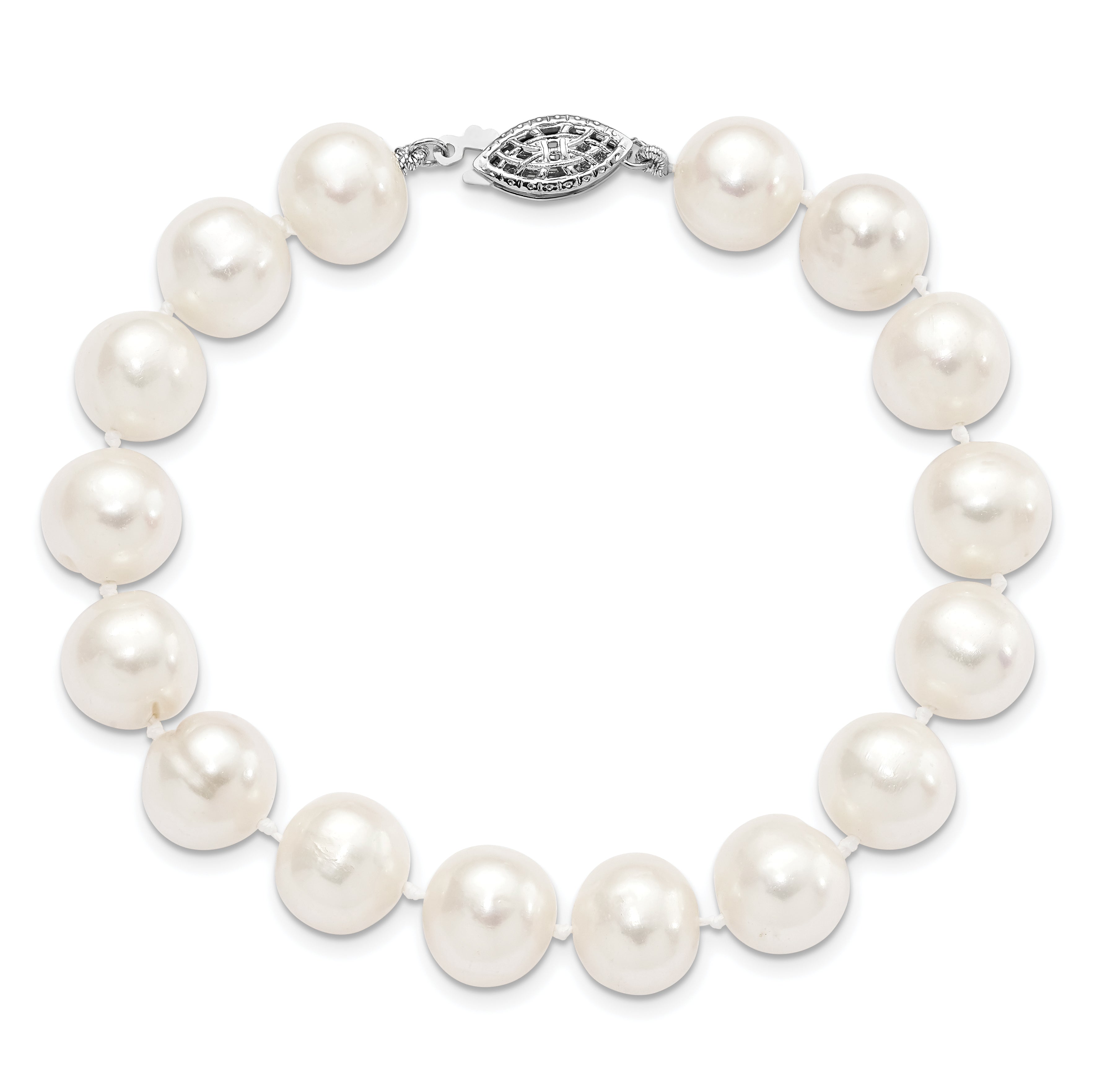 7.25 Inch Sterling Silver Rhodium-Plated 10-11mm White Fw Cultured Pearl Bracelet