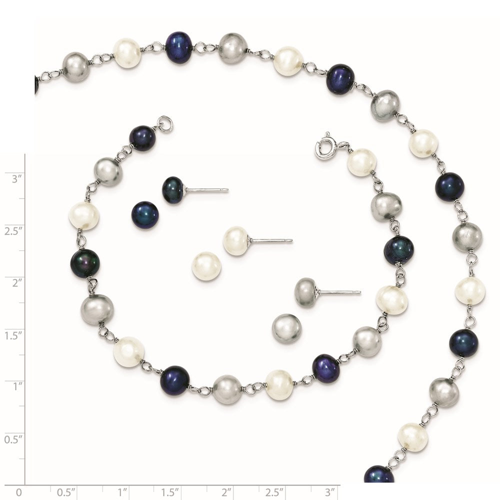 Sterling Silver Rhodium Fwc Pearl Necklace/ Bracelet/3Pc Earring Set