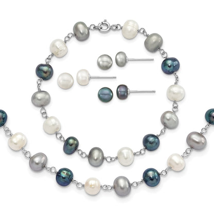 Sterling Silver Rhodium Fwc Pearl Necklace/ Bracelet/3Pc Earring Set