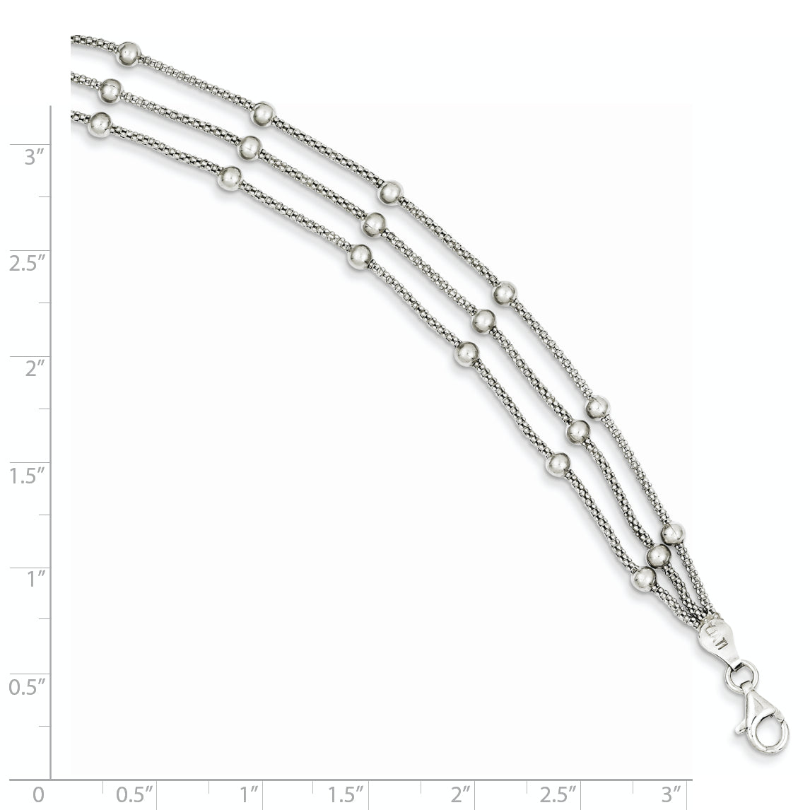 7 Inch Sterling Silver Polished Beaded 3-Strand Bracelet
