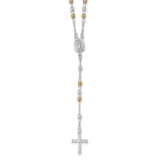 Sterling Silver Yellow & Rose Flash Gold-Plated Rosary Necklace