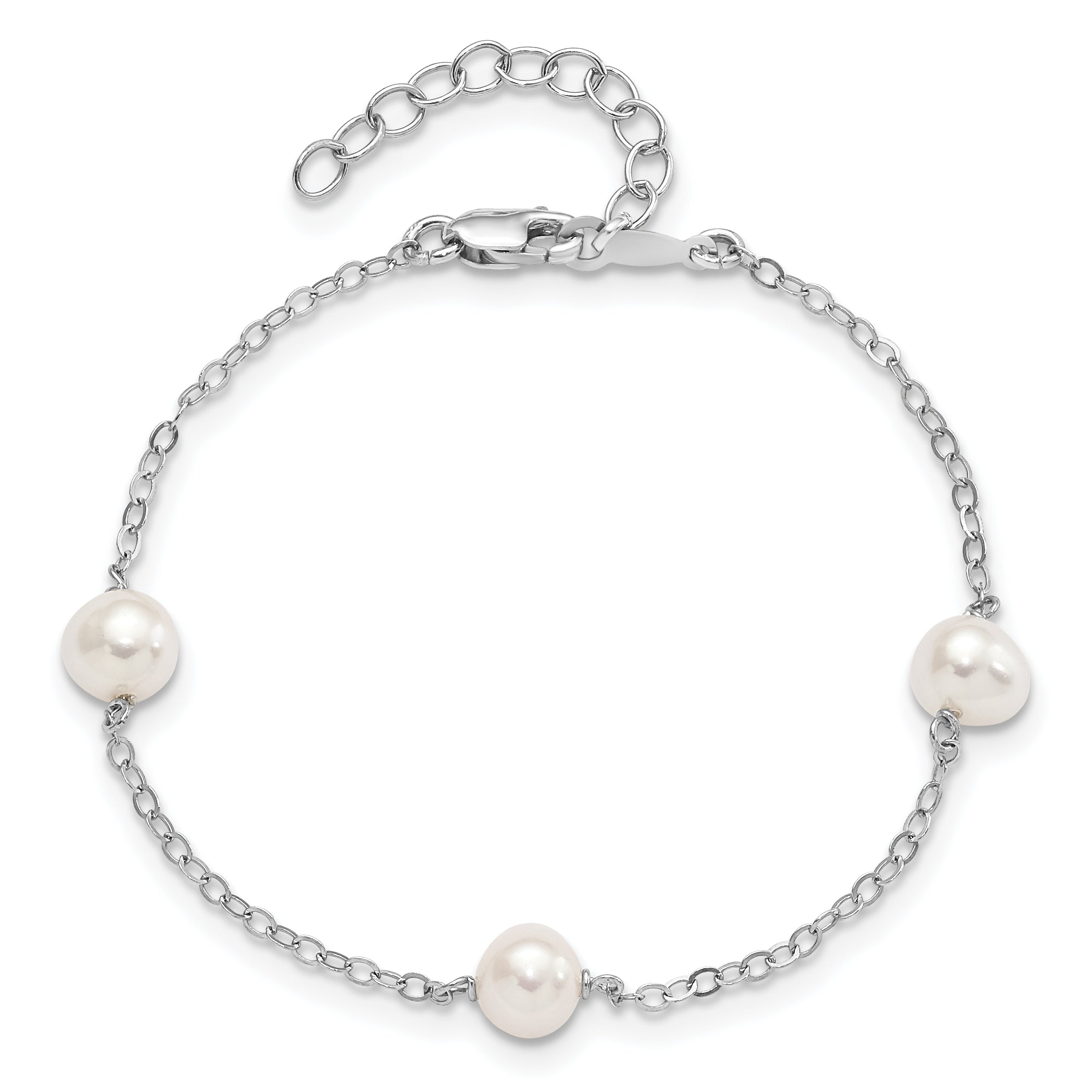 5.5 Inch Sterling Silver Rh-Plated Fw Cultured Pearl W/1In Ext. Bracelet