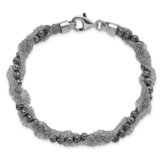 7.25 Inch Sterling Silver Ruthenium-Plated Fancy D/C Beaded & Mesh Bracelet