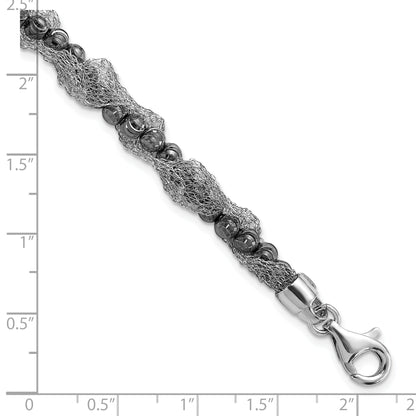 7.25 Inch Sterling Silver Ruthenium-Plated Fancy D/C Beaded & Mesh Bracelet