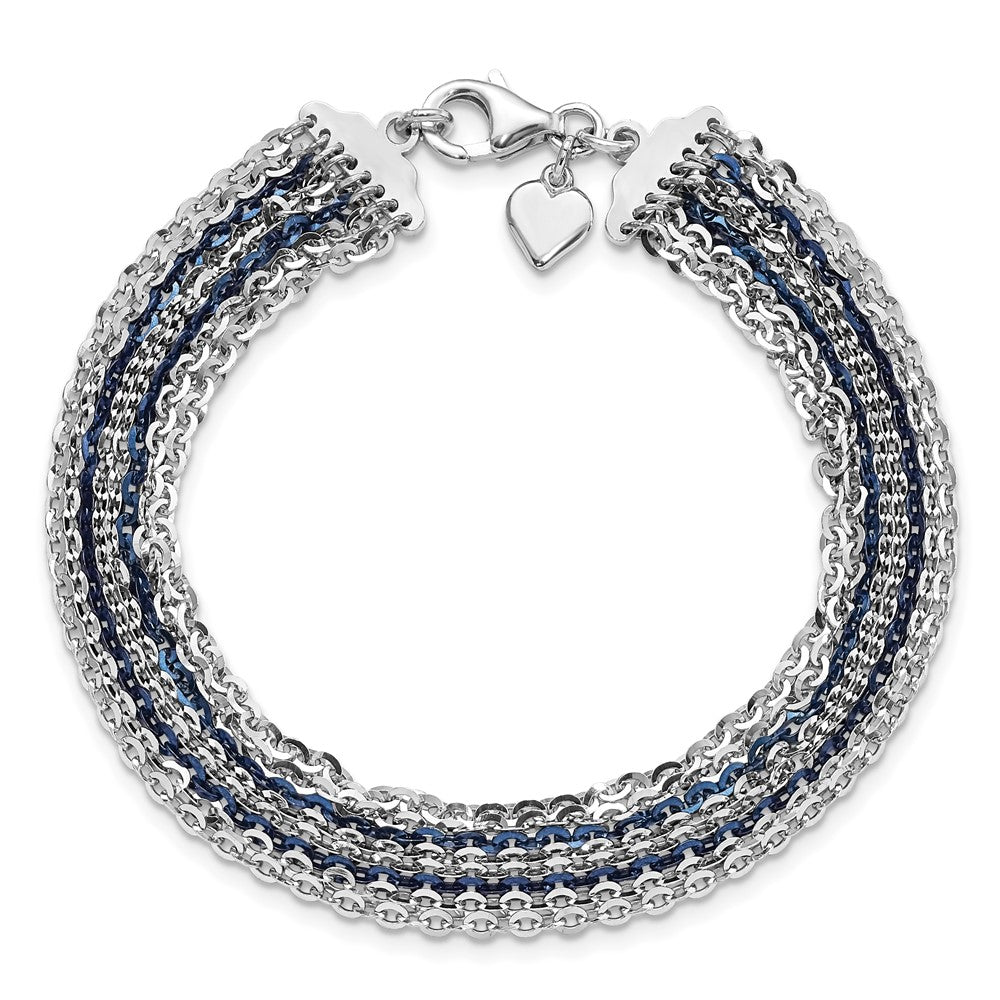 7.5 Inch Sterling Silver Rhodium & Blue-Plated Multi-Strand Chain Bracelet