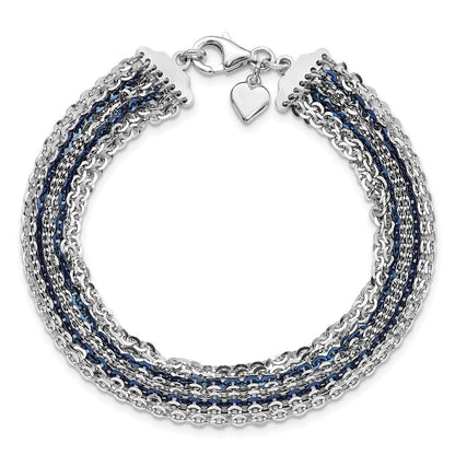 7.5 Inch Sterling Silver Rhodium & Blue-Plated Multi-Strand Chain Bracelet