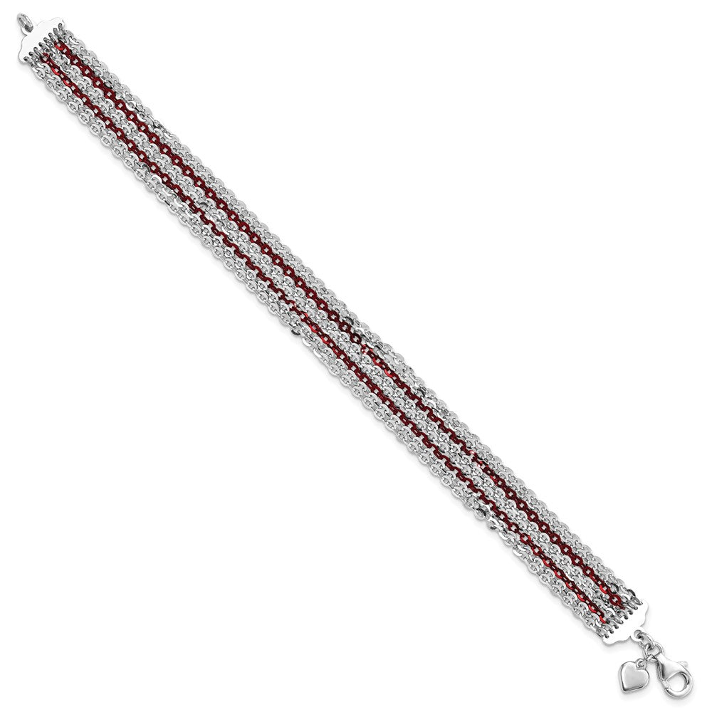 7.5 Inch Sterling Silver Rhodium & Red-Plated Multi-Strand Chain Bracelet