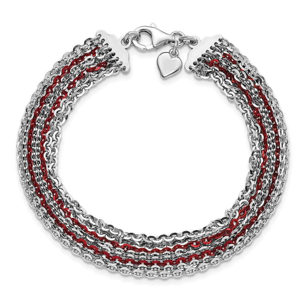 7.5 Inch Sterling Silver Rhodium & Red-Plated Multi-Strand Chain Bracelet