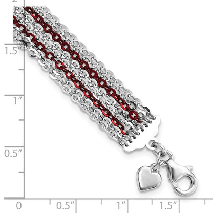 7.5 Inch Sterling Silver Rhodium & Red-Plated Multi-Strand Chain Bracelet