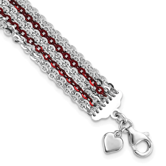 7.5 Inch Sterling Silver Rhodium & Red-Plated Multi-Strand Chain Bracelet
