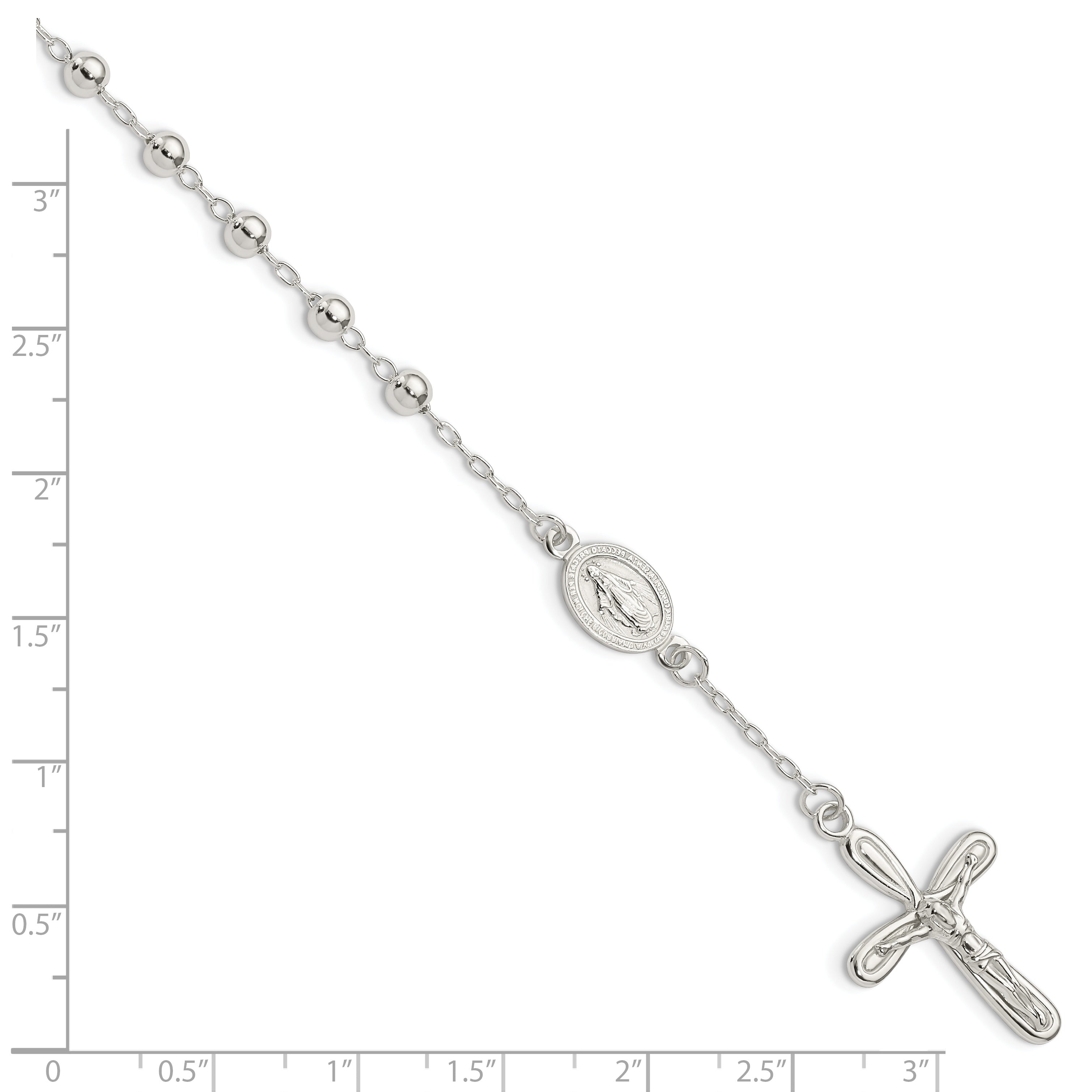 Sterling Silver Polished Beaded Single Decade Rosary 7.5 Inch Bracelet