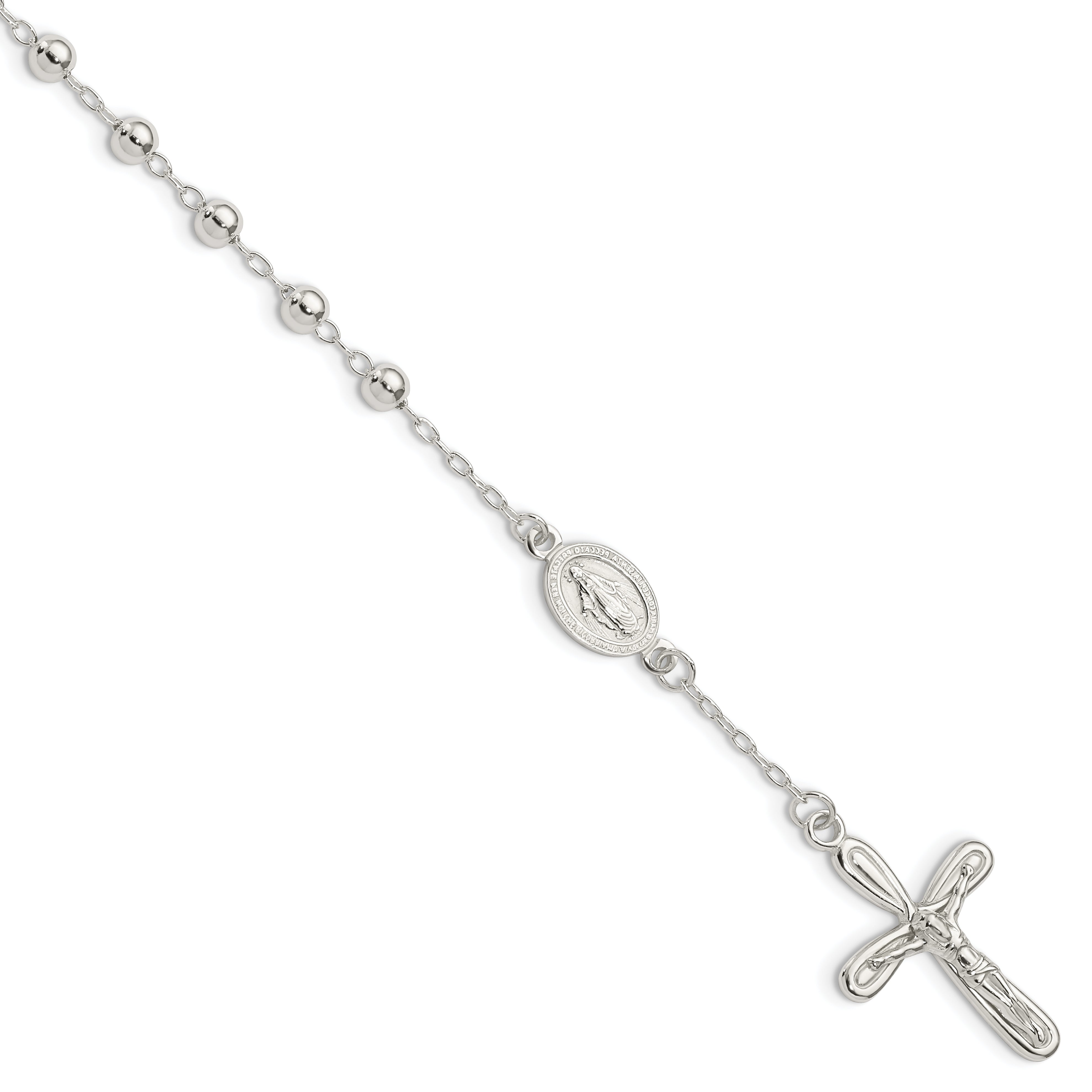 Sterling Silver Polished Beaded Single Decade Rosary 7.5 Inch Bracelet