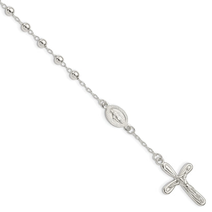 Sterling Silver Polished Beaded Single Decade Rosary 7.5 Inch Bracelet