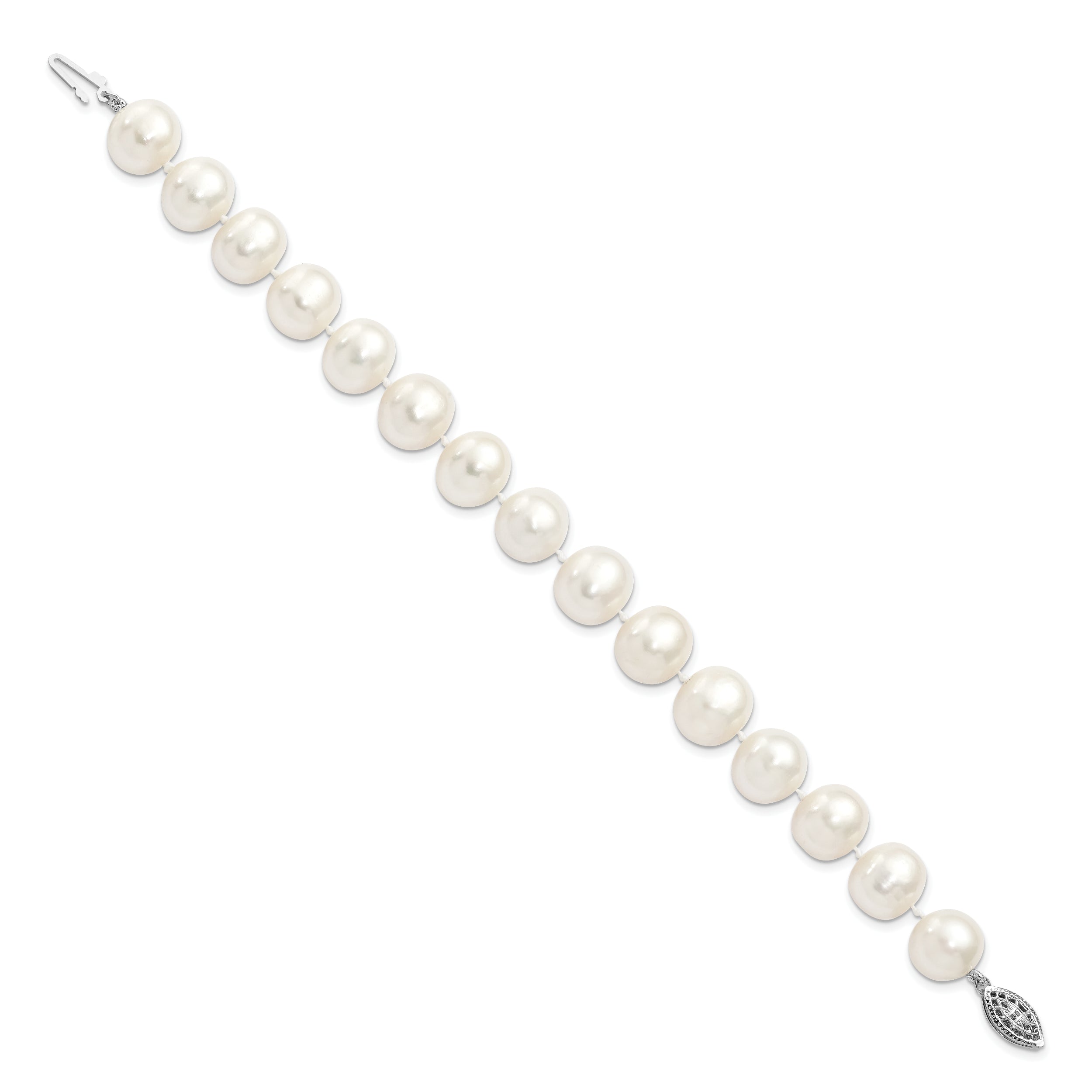 Sterling Silver Rhodium 11-12mm White Fw Cultured Pearl Bracelet