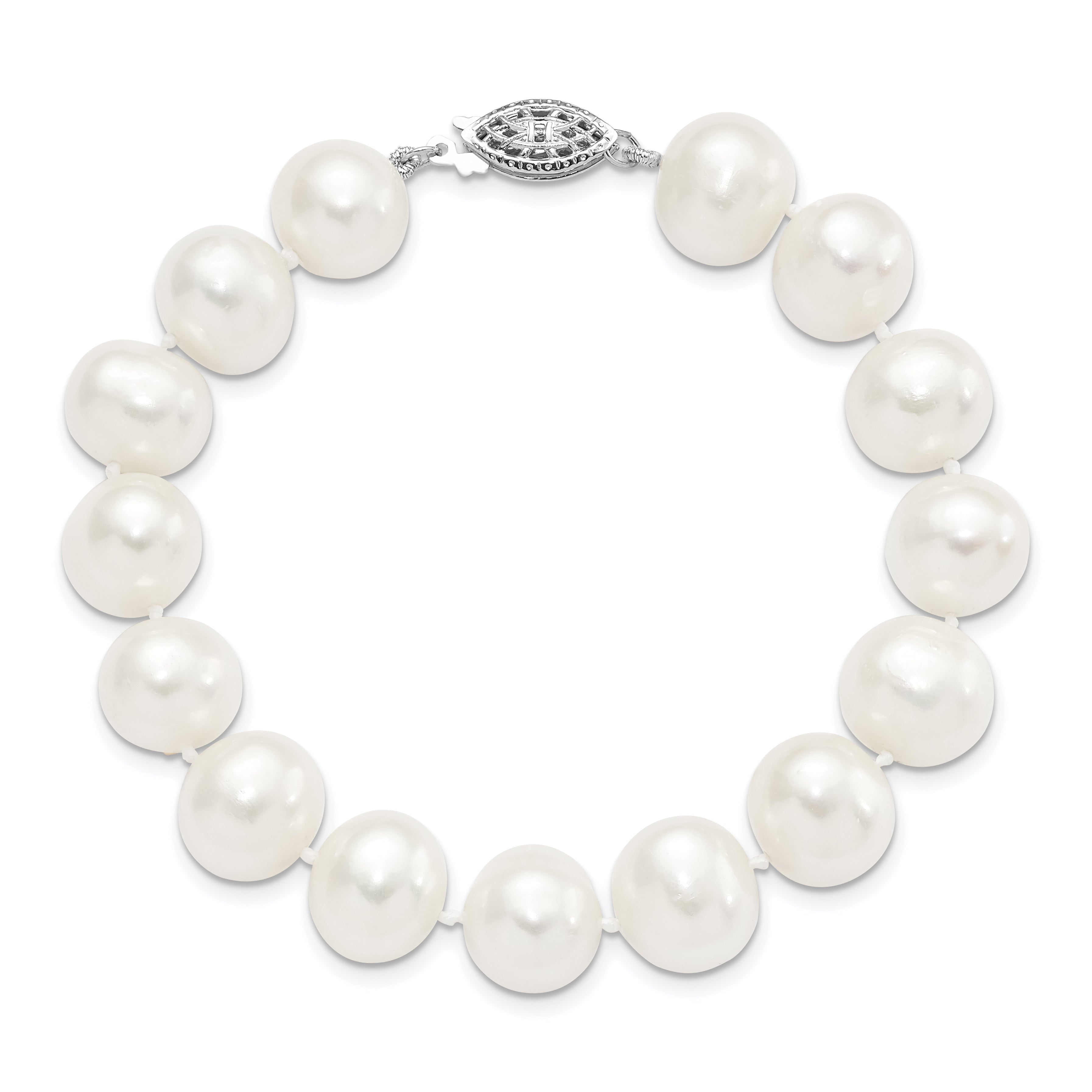 Sterling Silver Rhodium 11-12mm White Fw Cultured Pearl Bracelet