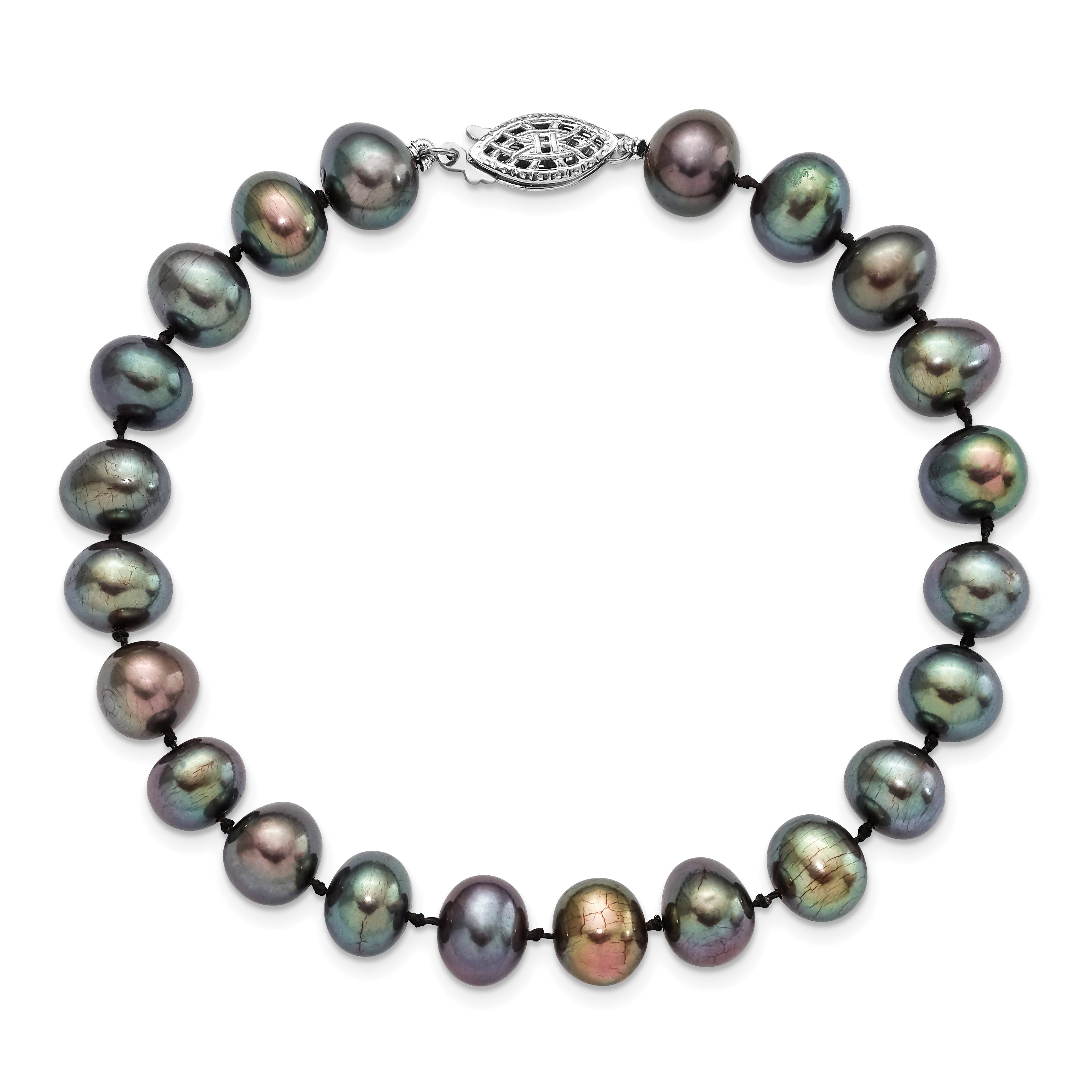 7.25 Inch Sterling Silver Rhod-Plated 7-8mm Black Fw Cultured Pearl Bracelet