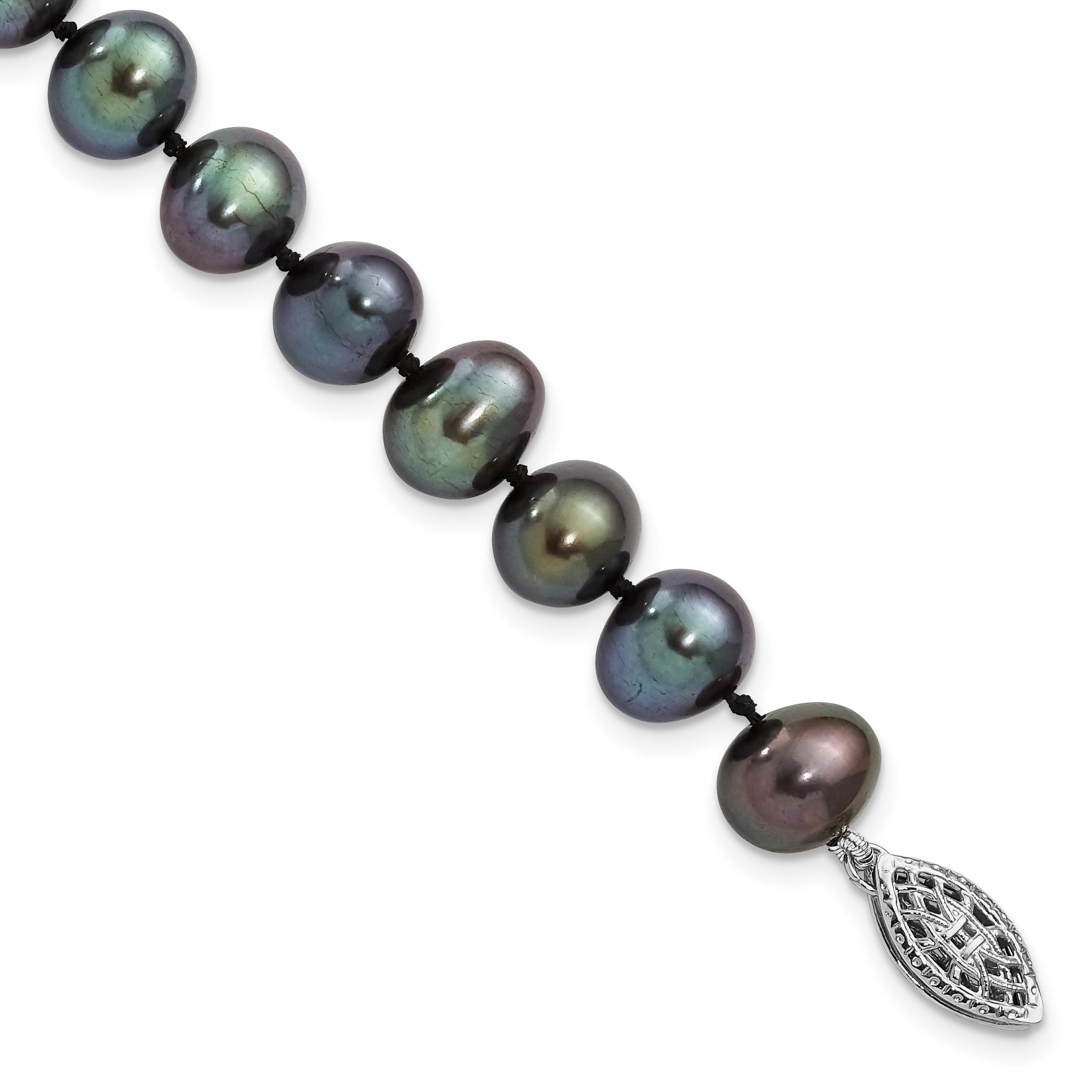 7.25 Inch Sterling Silver Rhod-Plated 7-8mm Black Fw Cultured Pearl Bracelet