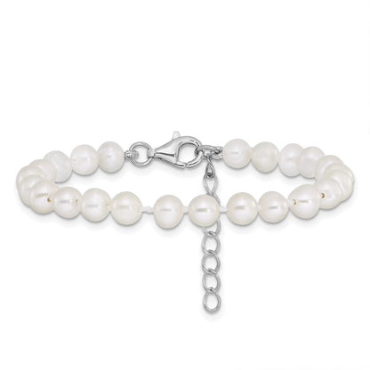 14.00 Inch Sterling Silver Rhodium-Plated Polished 4-5mm Semi-Round Freshwater Cultured Pearl 14In Necklace W/ 1In Ext., 5In Bracelet & Earring Set