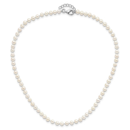 14.00 Inch Sterling Silver Rhodium-Plated Polished 4-5mm Semi-Round Freshwater Cultured Pearl 14In Necklace W/ 1In Ext., 5In Bracelet & Earring Set