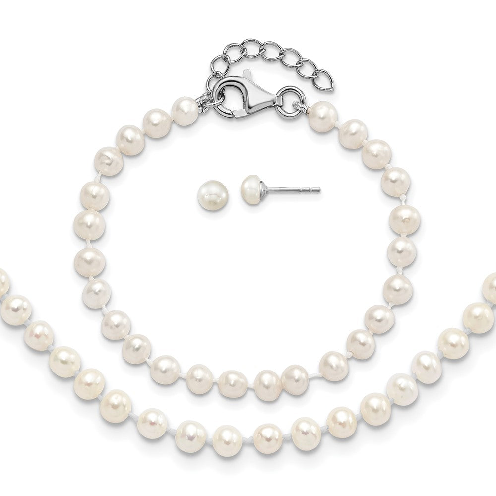 14.00 Inch Sterling Silver Rhodium-Plated Polished 4-5mm Semi-Round Freshwater Cultured Pearl 14In Necklace W/ 1In Ext., 5In Bracelet & Earring Set