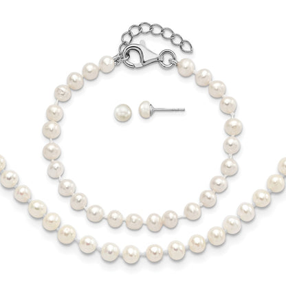 14.00 Inch Sterling Silver Rhodium-Plated Polished 4-5mm Semi-Round Freshwater Cultured Pearl 14In Necklace W/ 1In Ext., 5In Bracelet & Earring Set