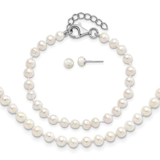 14.00 Inch Sterling Silver Rhodium-Plated Polished 4-5mm Semi-Round Freshwater Cultured Pearl 14In Necklace W/ 1In Ext., 5In Bracelet & Earring Set
