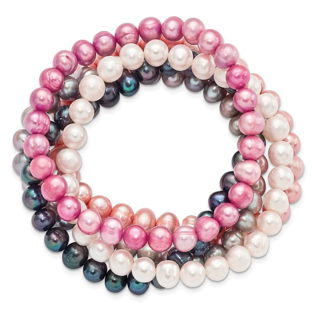 Fashion 7-8mm White/Grey/Black/Pink/Purple Freshwater Cultured Pearl Stretch 5 Piece Bracelet Set