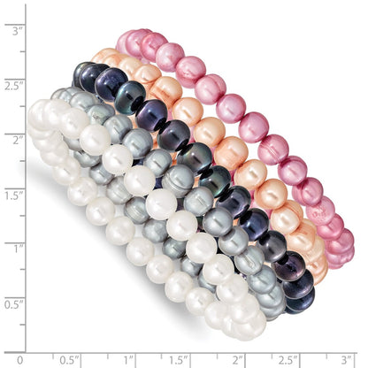 Fashion 7-8mm White/Grey/Black/Pink/Purple Freshwater Cultured Pearl Stretch 5 Piece Bracelet Set