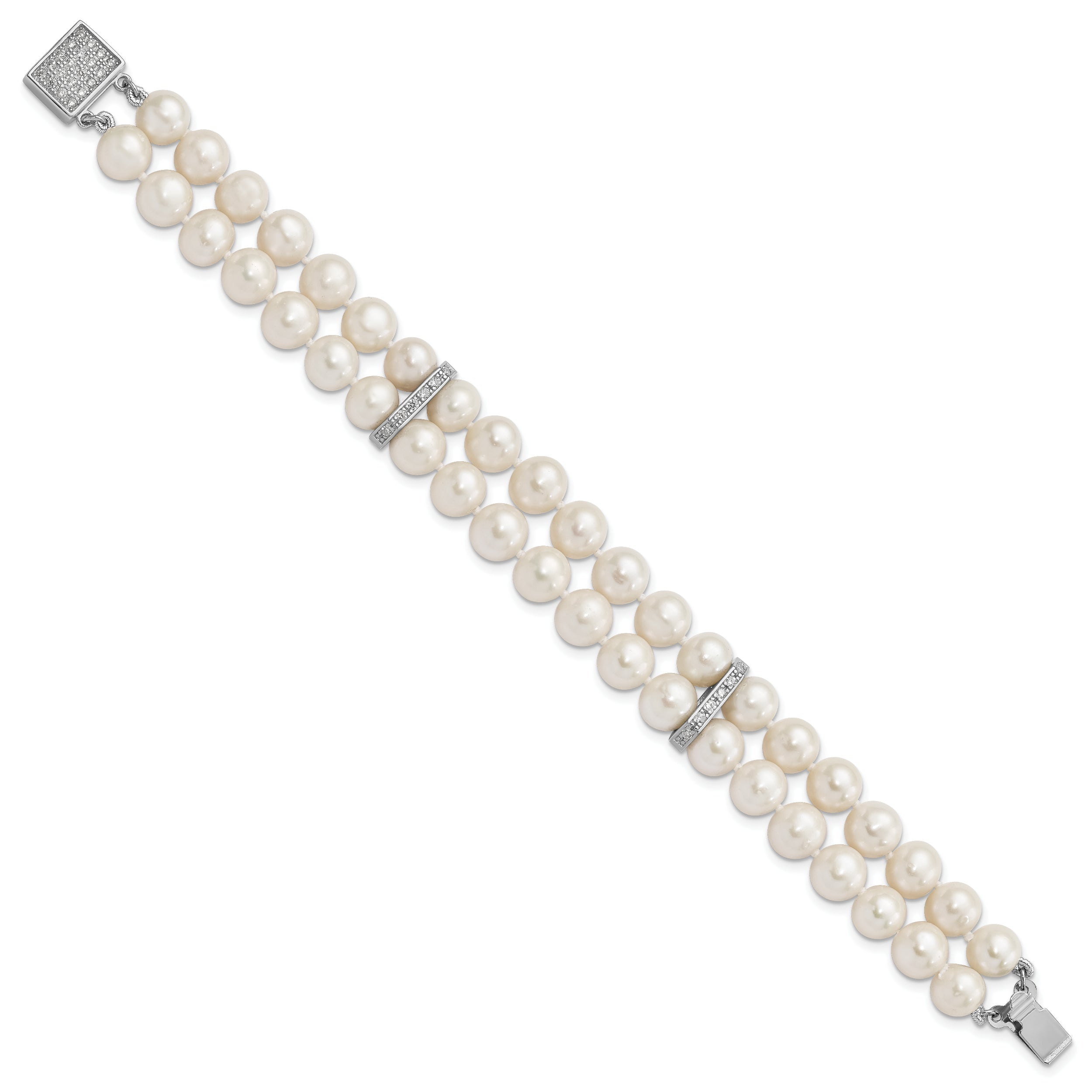 7 Inch Sterling Silver Rhodium 7-8mm White Fwc Pearl 2-Strand Cz Fancy Bracelet