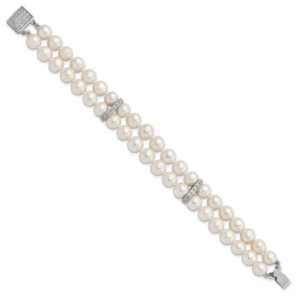 7 Inch Sterling Silver Rhodium 7-8mm White Fwc Pearl 2-Strand Cz Fancy Bracelet