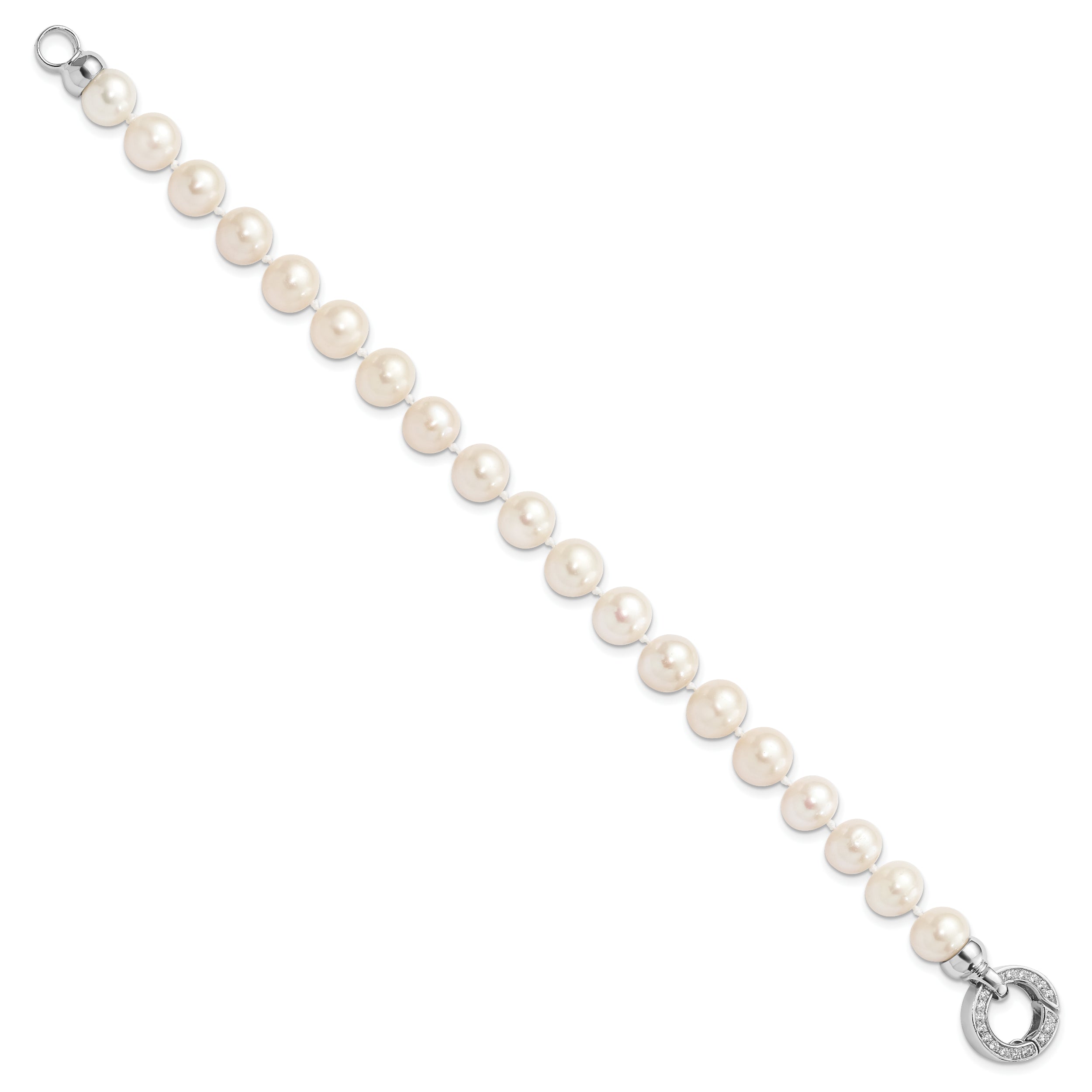 7.5 Inch Sterling Silver Rhodium-Plated 9-10mm White Fwc Pearl Cz Fancy Bracelet
