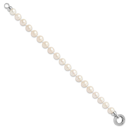 7.5 Inch Sterling Silver Rhodium-Plated 9-10mm White Fwc Pearl Cz Fancy Bracelet