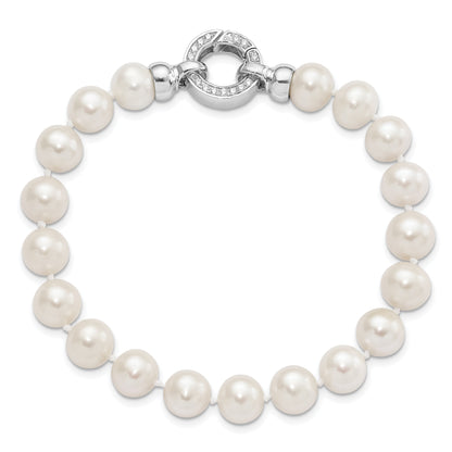 7.5 Inch Sterling Silver Rhodium-Plated 9-10mm White Fwc Pearl Cz Fancy Bracelet