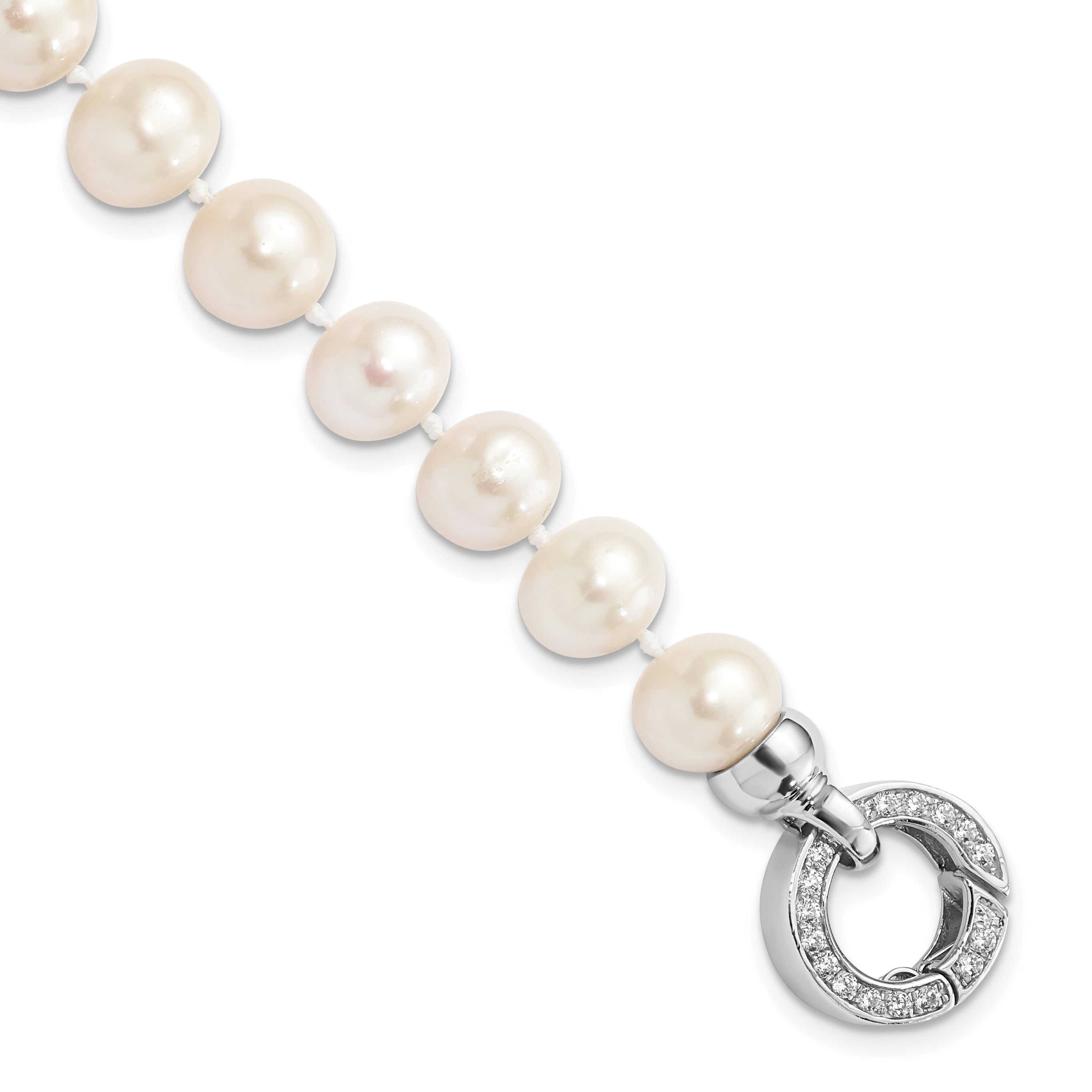 7.5 Inch Sterling Silver Rhodium-Plated 9-10mm White Fwc Pearl Cz Fancy Bracelet