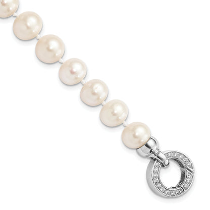 7.5 Inch Sterling Silver Rhodium-Plated 9-10mm White Fwc Pearl Cz Fancy Bracelet
