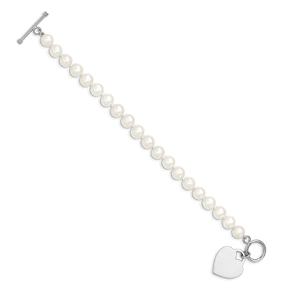 7.5 Inch Sterling Silver Rhodium 8-9mm White Fwc Pearl Heart Toggle Bracelet