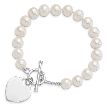 7.5 Inch Sterling Silver Rhodium 8-9mm White Fwc Pearl Heart Toggle Bracelet
