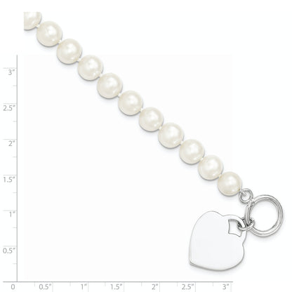 7.5 Inch Sterling Silver Rhodium 8-9mm White Fwc Pearl Heart Toggle Bracelet