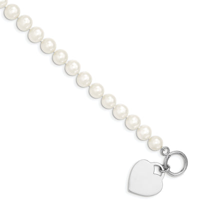 7.5 Inch Sterling Silver Rhodium 8-9mm White Fwc Pearl Heart Toggle Bracelet