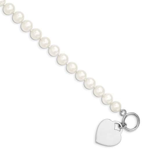 7.5 Inch Sterling Silver Rhodium 8-9mm White Fwc Pearl Heart Toggle Bracelet
