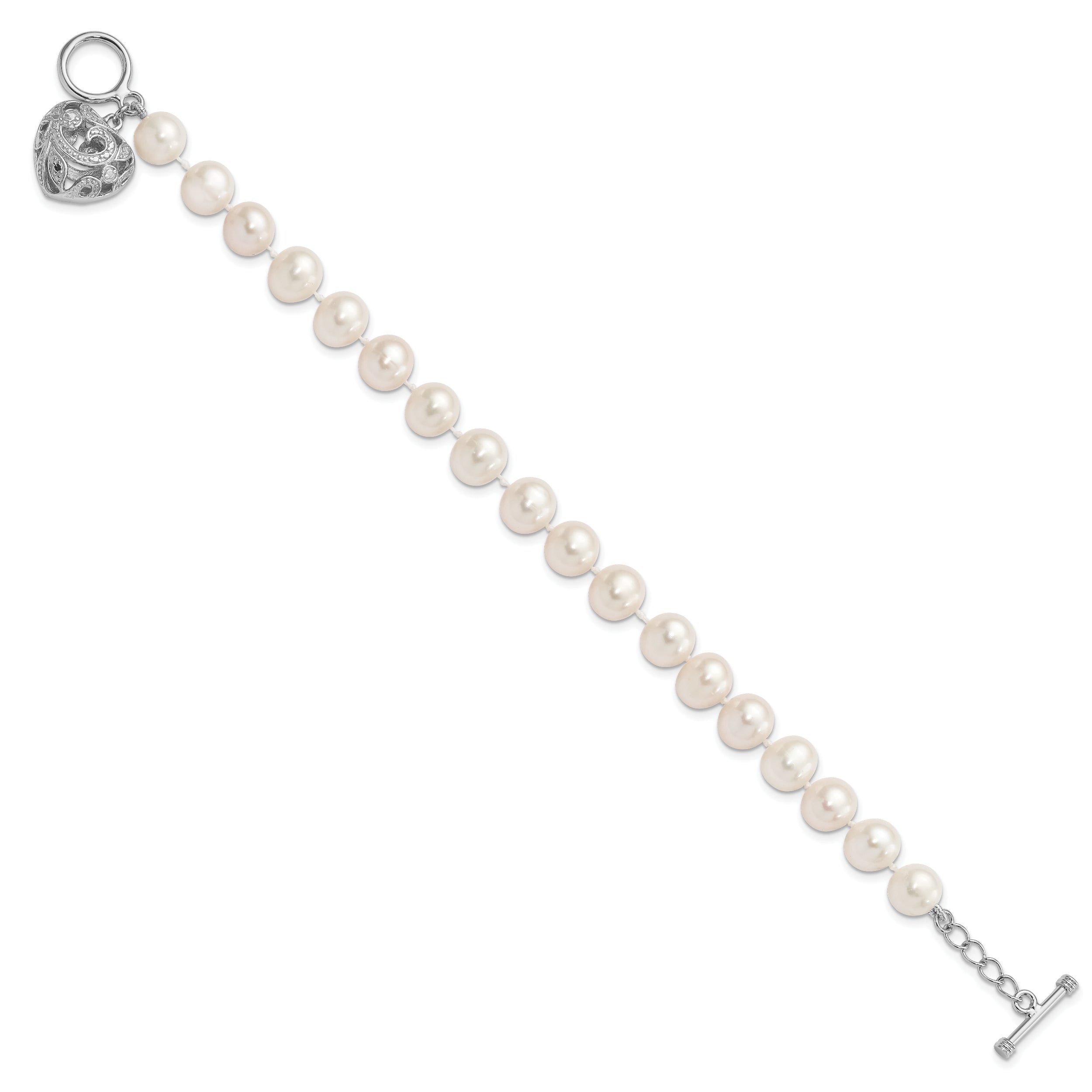 7.5 Inch Sterling Silver Rhodium-Plt 8-9mm White Fwc Pearl Heart Toggle Bracelet